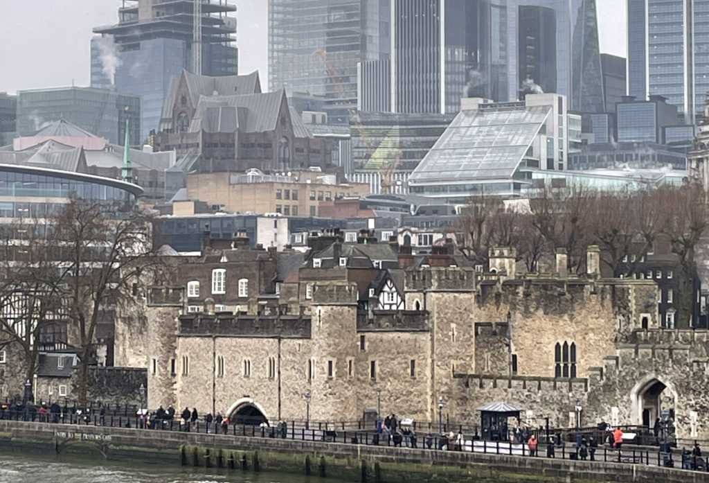 Tower of London and City of London skyline viewed from the Thames